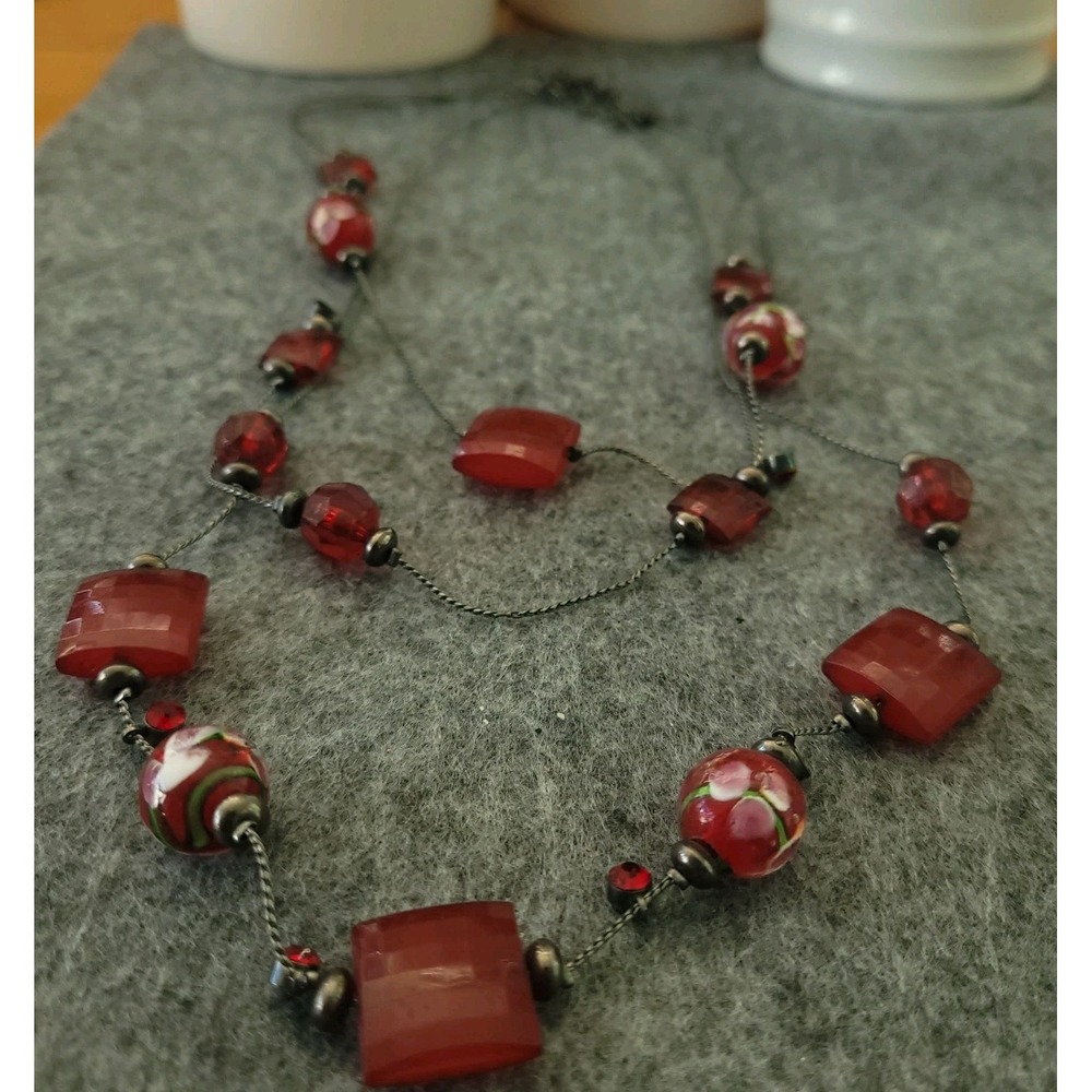 Red Multi-Strand Satellite Necklace Lampwork-Style Floral Beads 17"